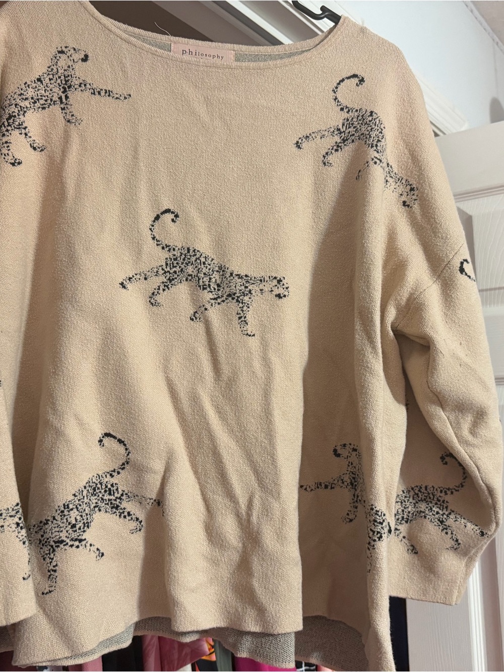 Philosophy Beige Crewneck Sweater with Black Leopard Motif
